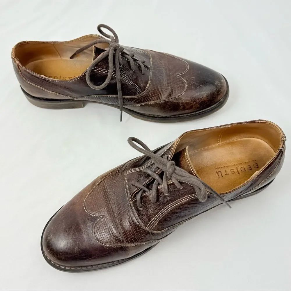 Bed Stu Brown Leather Aged Patina Wingtip Oxford Lace Up Classic Shoes